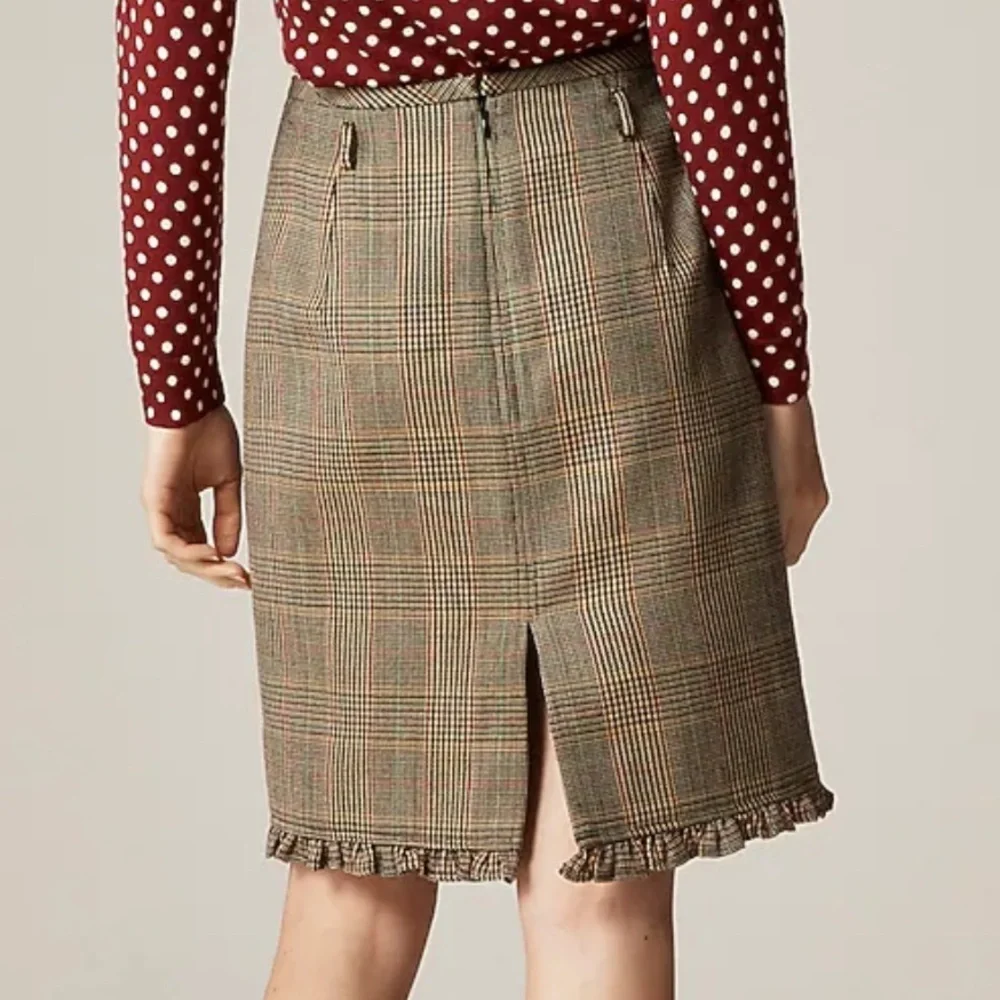 J crew Ruffle-trim pencil midi skirt in glen plaid wool